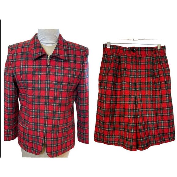 Norton McNaughton Shorts Suit 2 Pcs Blazer/Shorts Red/Green Tartan Sz. 8 Vtg - Picture 1 of 15